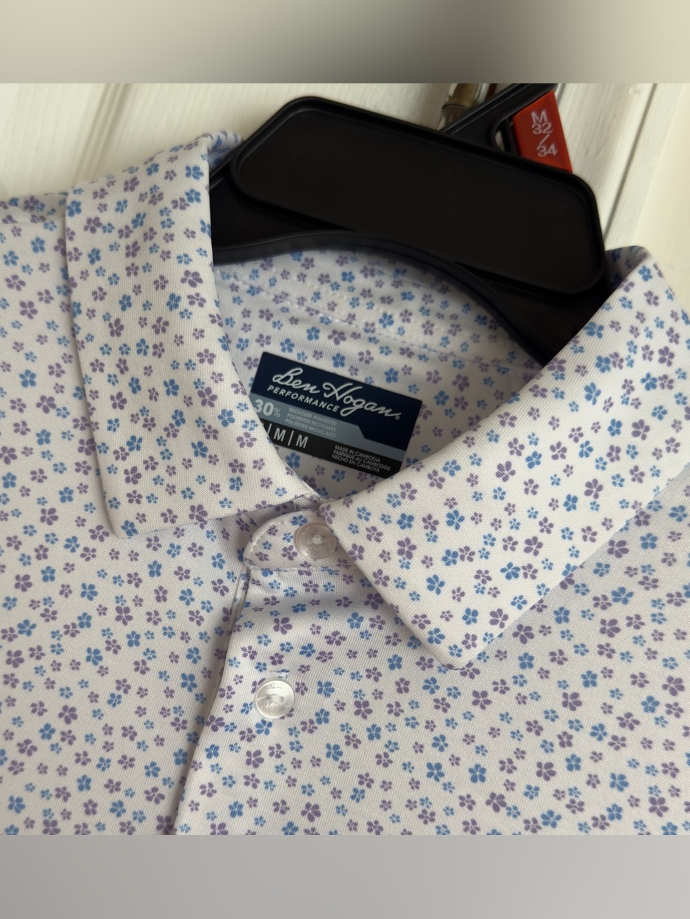 Ben Hogan Mens Medium M Golf Polo Shirt White Blue Purple Floral Performance Top
